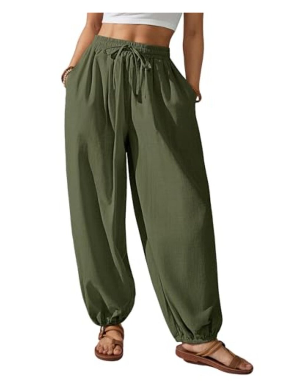 Cotton Harem Pants Elastic Waist Baggy Drawstring Beach Trouser with Pockets